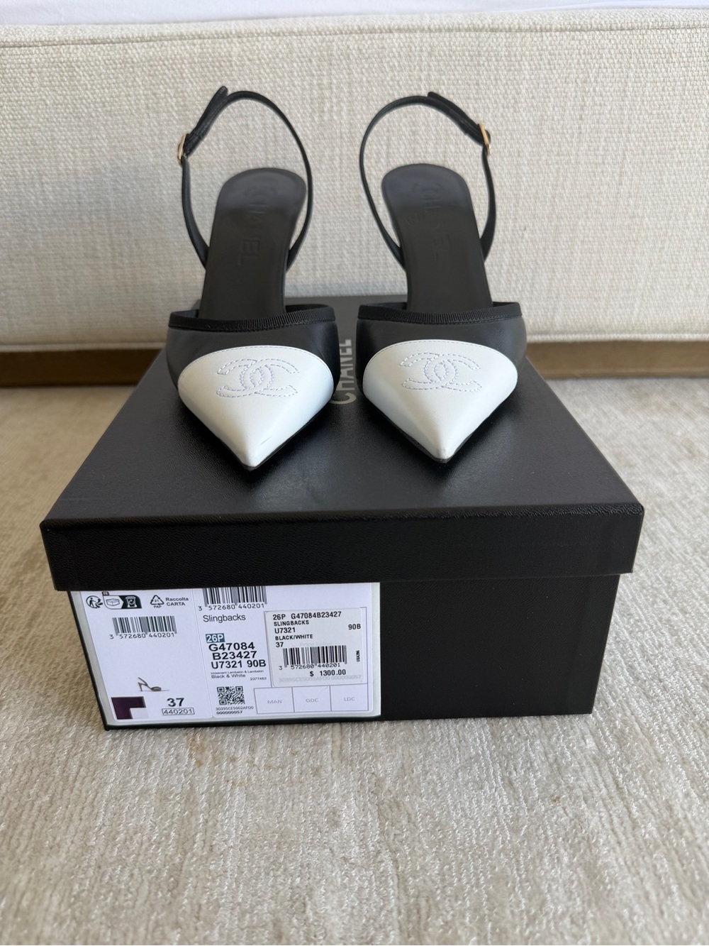 CHANEL Black and White Pointed Slingback Mules
